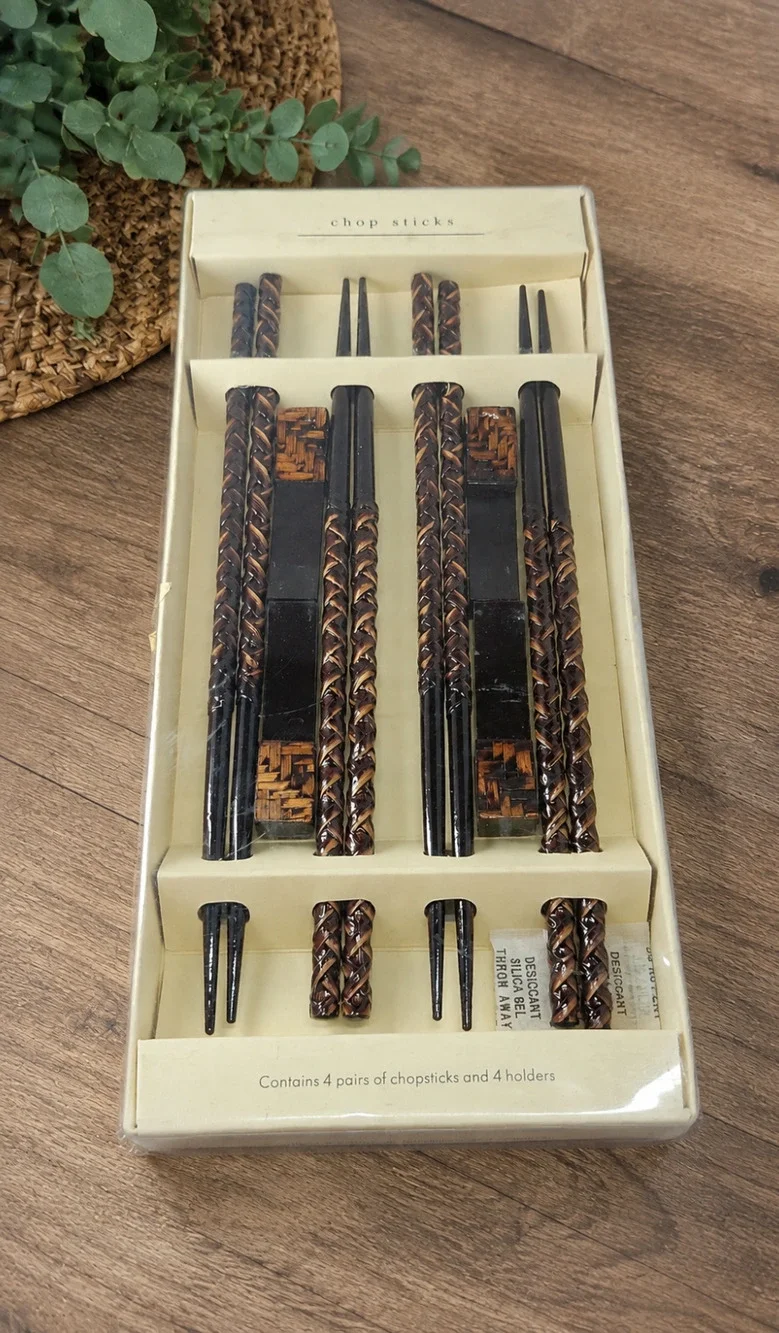Pier 1 Imports 4 Pairs of Chopsticks with Rests Dark Brown Woven wood design